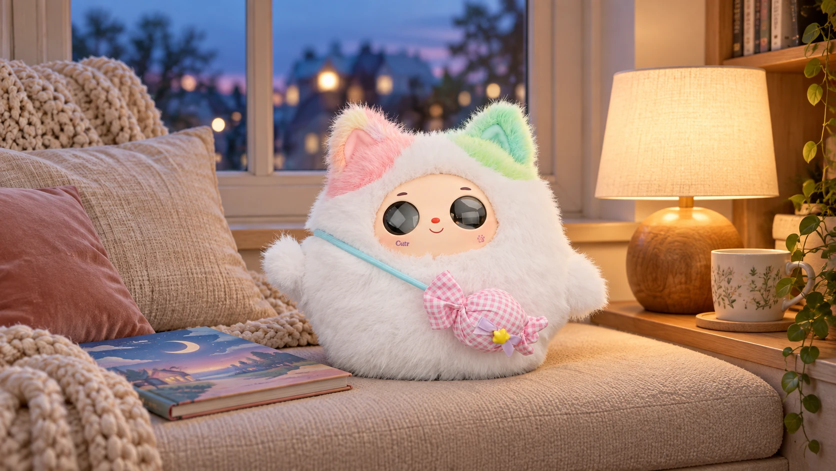 A complete AI plush companion in a cozy reading space