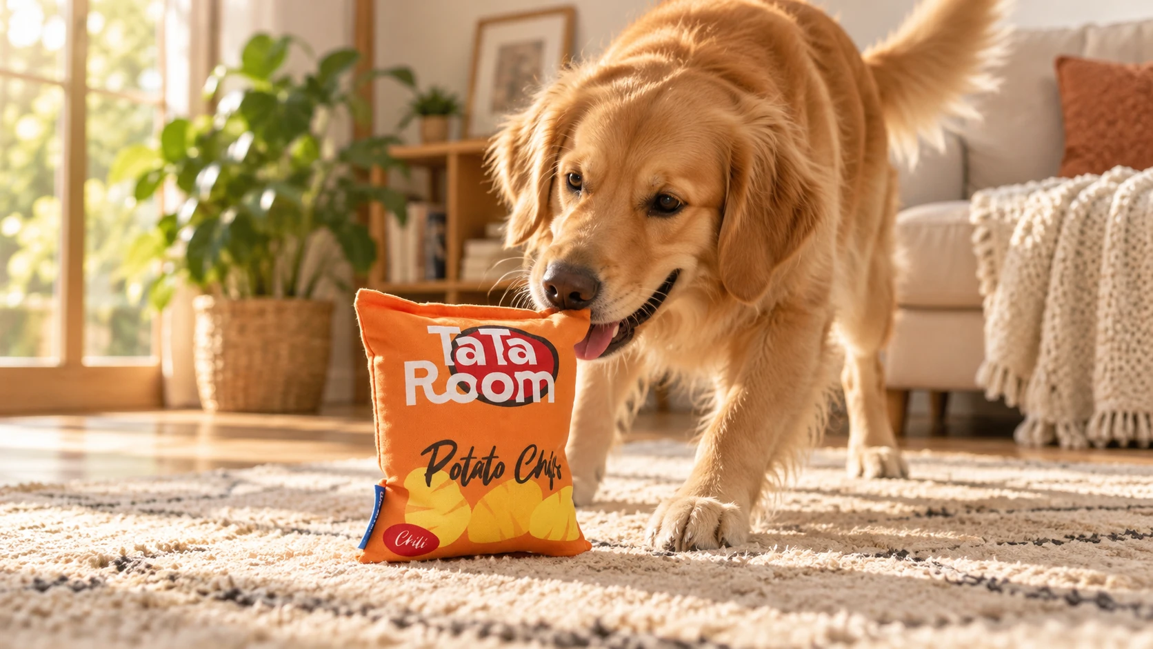 A complete orange plush pet toy with a dog at play